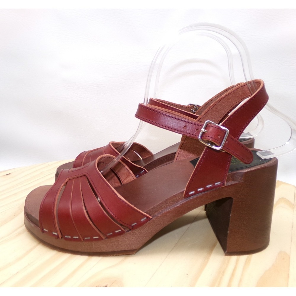 Swedish Hasbeens Strap Sandals Womens Bordeaux Size 39 Block Heel Strappy - Picture 3 of 10